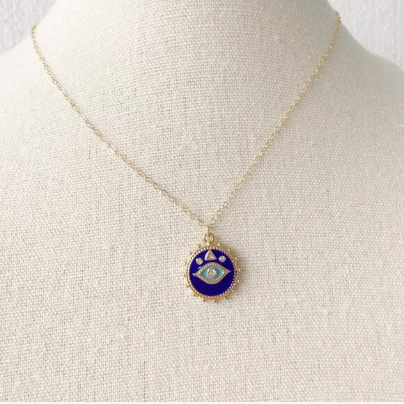 Nazar Evil Eye Cobalt Blue Turquoise Enamel Rose Gold Inset Crystals O Chain NWT - Picture 3 of 6